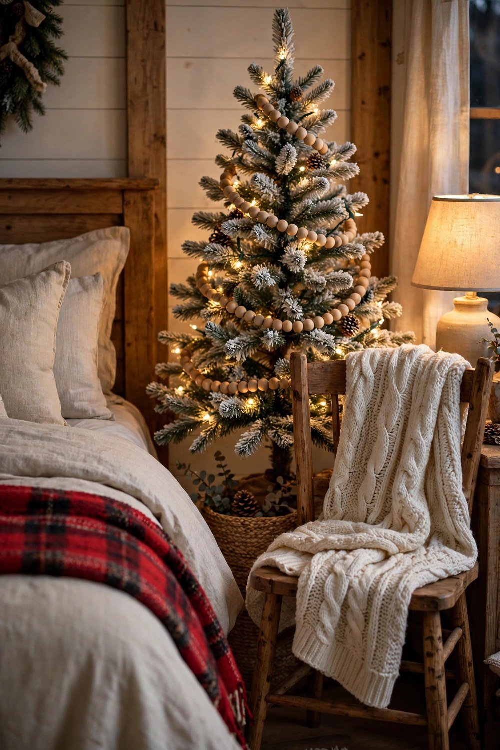Cozy farmhouse bedroom corner with a small flocked Christmas tree, wooden bead garland, warm lights and a red plaid throw on the bed