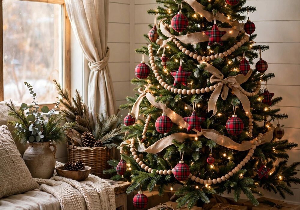 Farmhouse Christmas tree decorated with wood bead garland, burlap ribbon, and warm white lights in a rustic living room