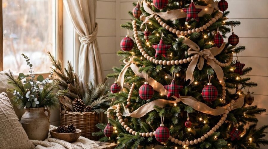 Farmhouse Christmas tree decorated with wood bead garland, burlap ribbon, and warm white lights in a rustic living room