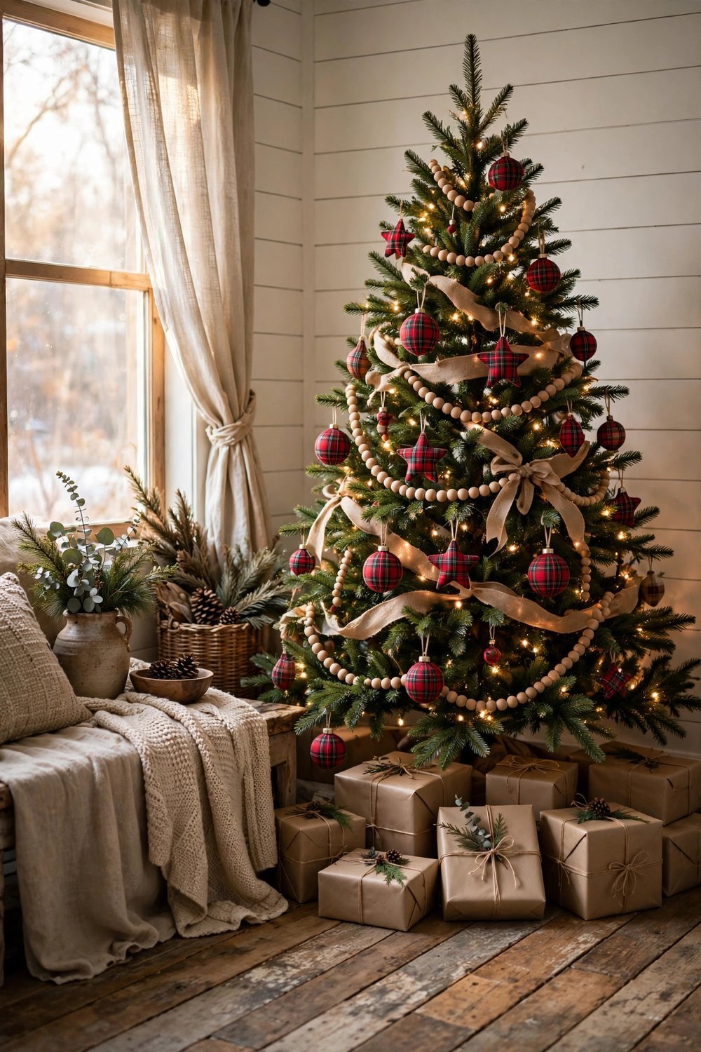 Farmhouse Christmas tree decorated with wood bead garland, burlap ribbon, and warm white lights in a rustic living room