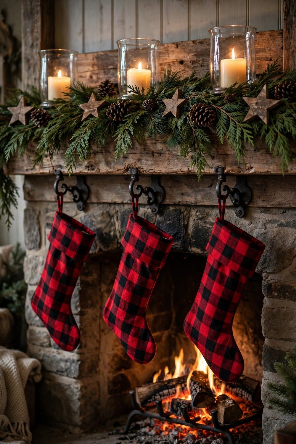 Farmhouse fireplace mantel styled with cedar garland, glowing candles, and plaid stockings for Christmas