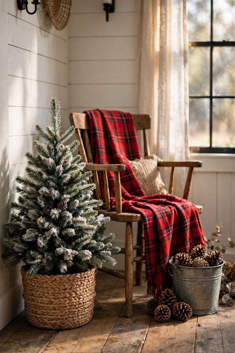 Small Christmas tree in a woven basket with plaid throw blanket in a cozy farmhouse living room corner
