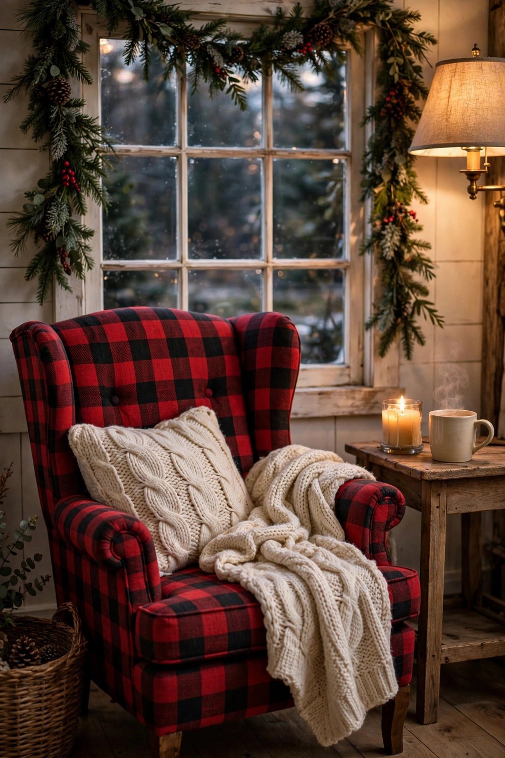 Cozy farmhouse reading corner with plaid armchair, knit throw, and Christmas greenery by the window