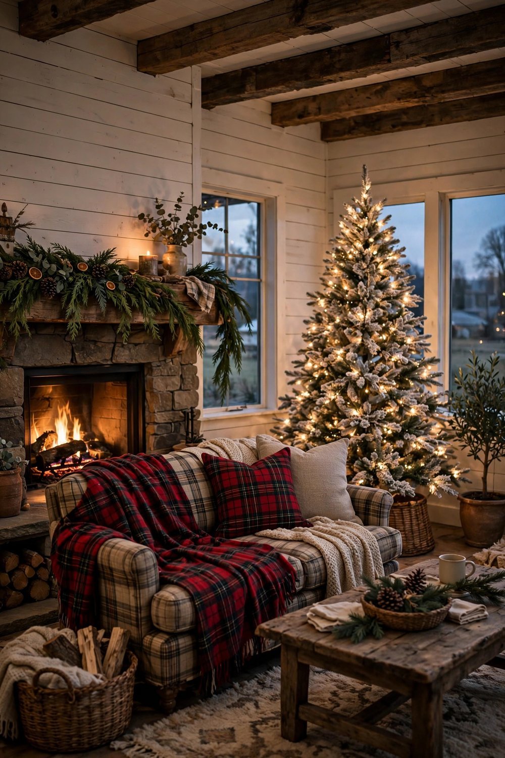 Rustic farmhouse living room with flocked Christmas tree, shiplap walls, and glowing fireplace