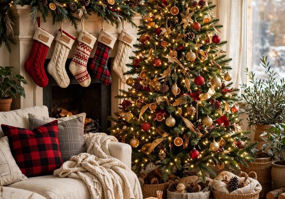 Festive Christmas tree in a cozy living room with warm white lights and gold red ornaments