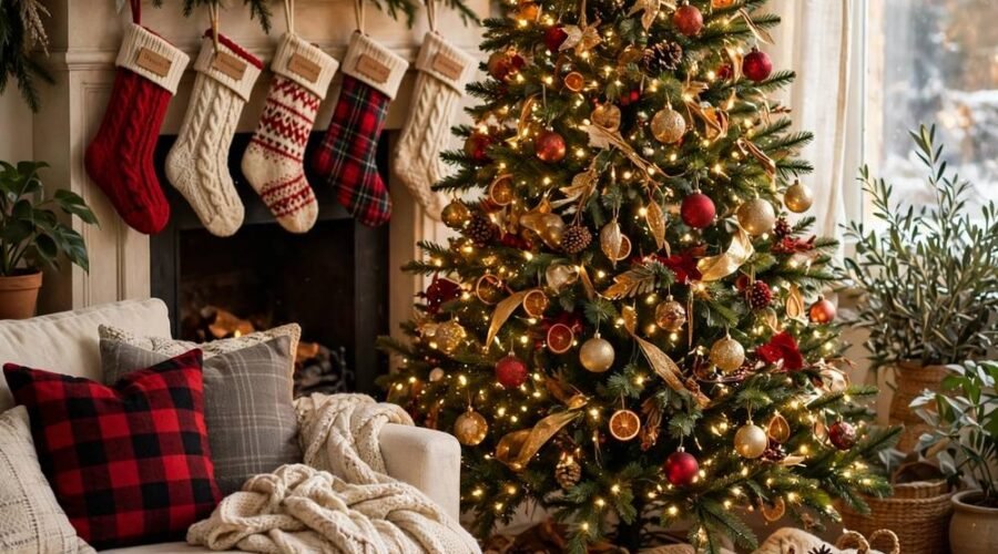 Festive Christmas tree in a cozy living room with warm white lights and gold red ornaments