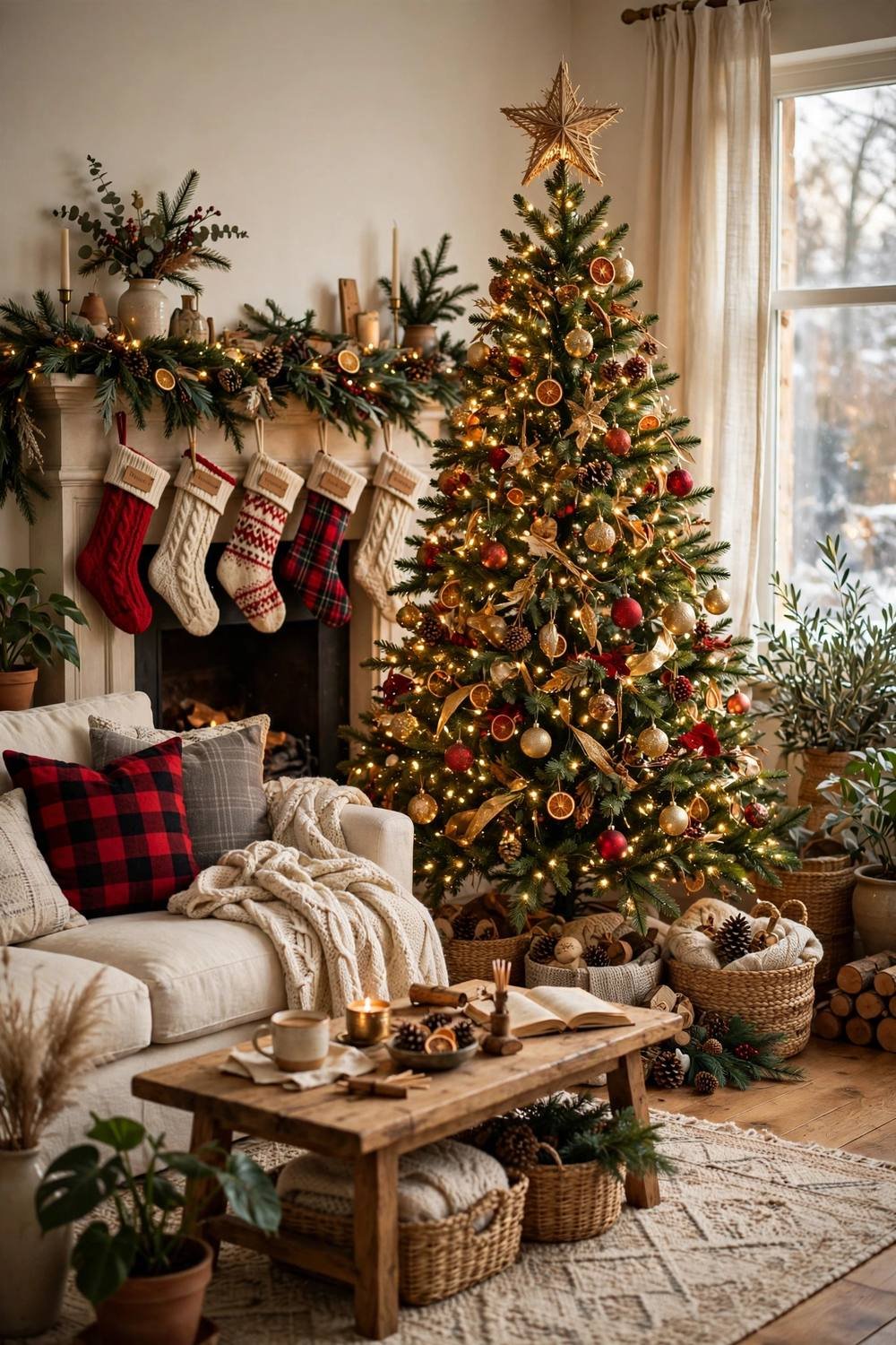Festive Christmas tree in a cozy living room with warm white lights and gold red ornaments
