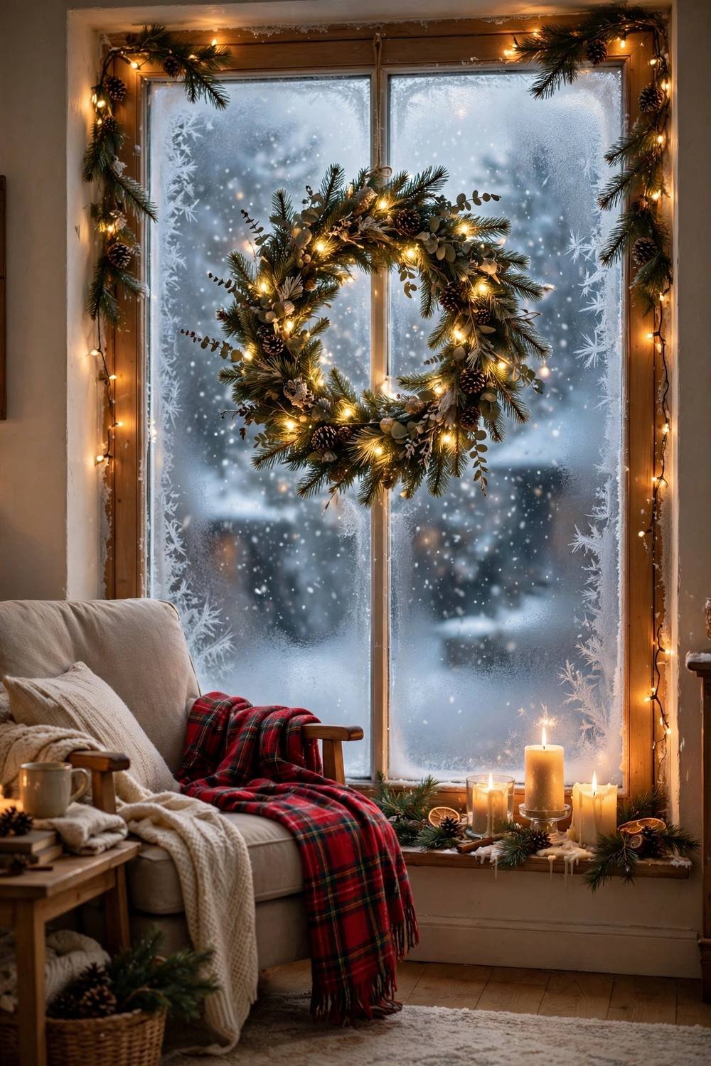 Cozy Christmas window display with glowing wreath, string lights and candles