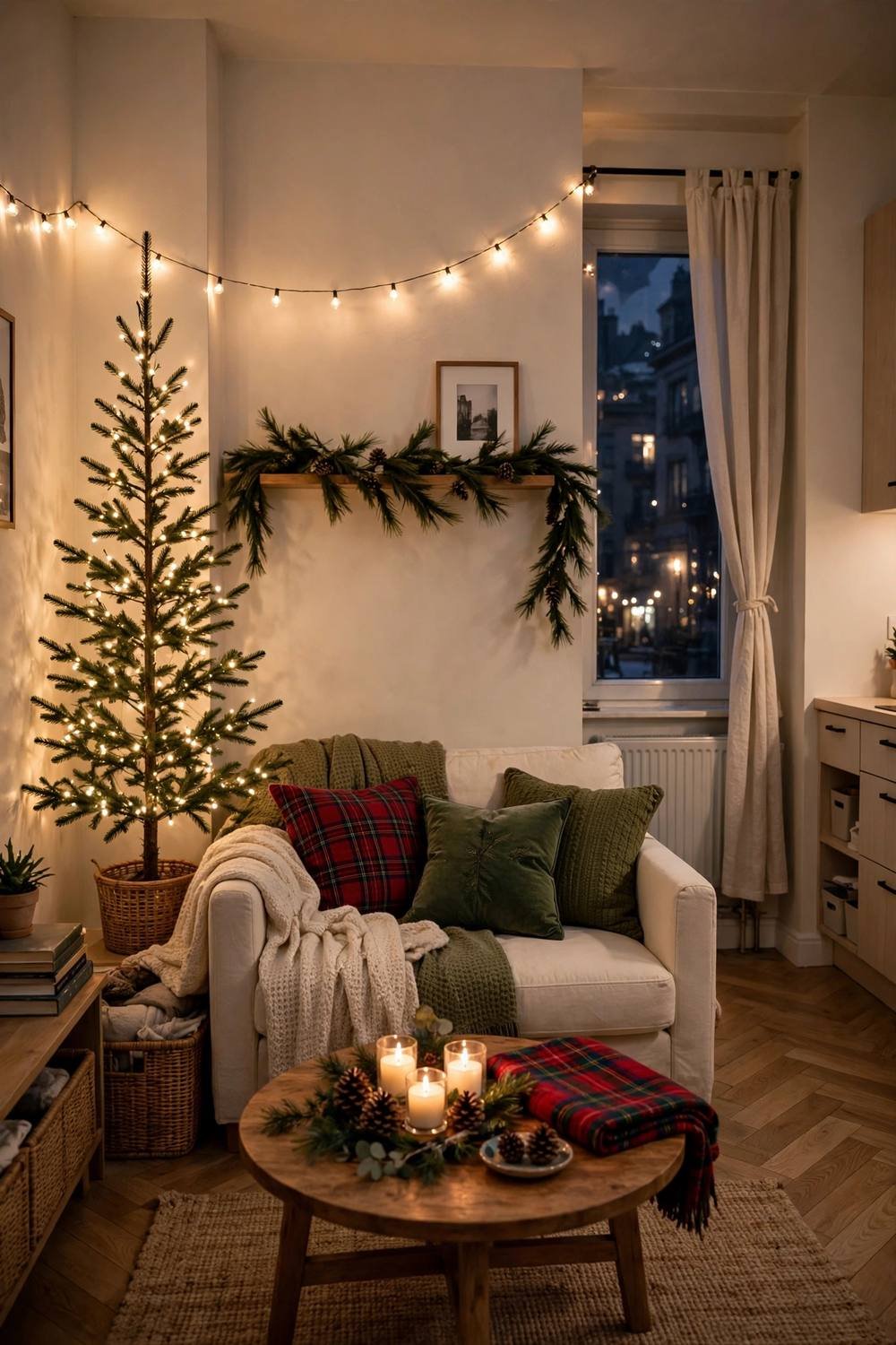 Small apartment living room decorated for Christmas with slim pencil tree