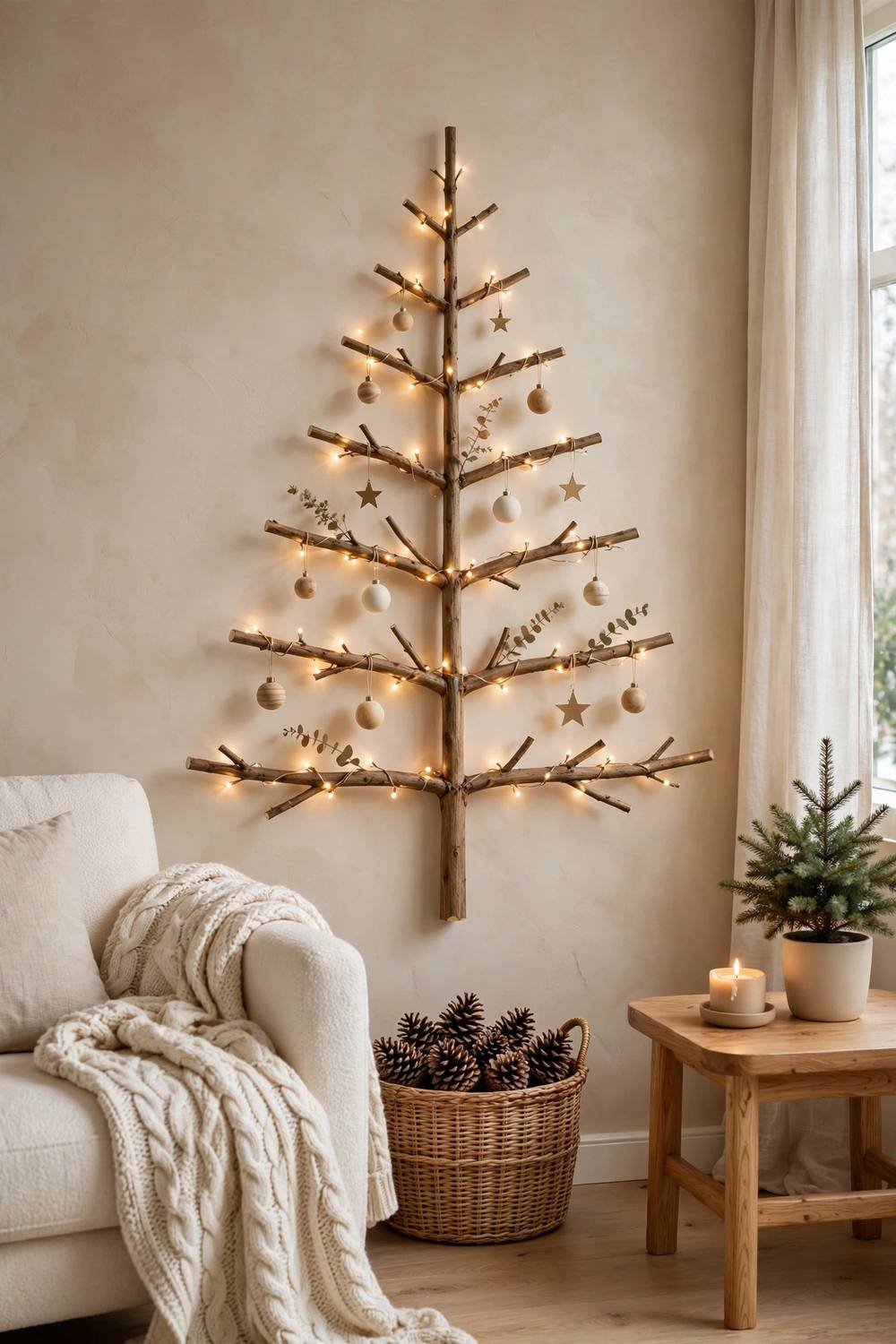 Modern minimalist Christmas tree alternative in a stylish living room