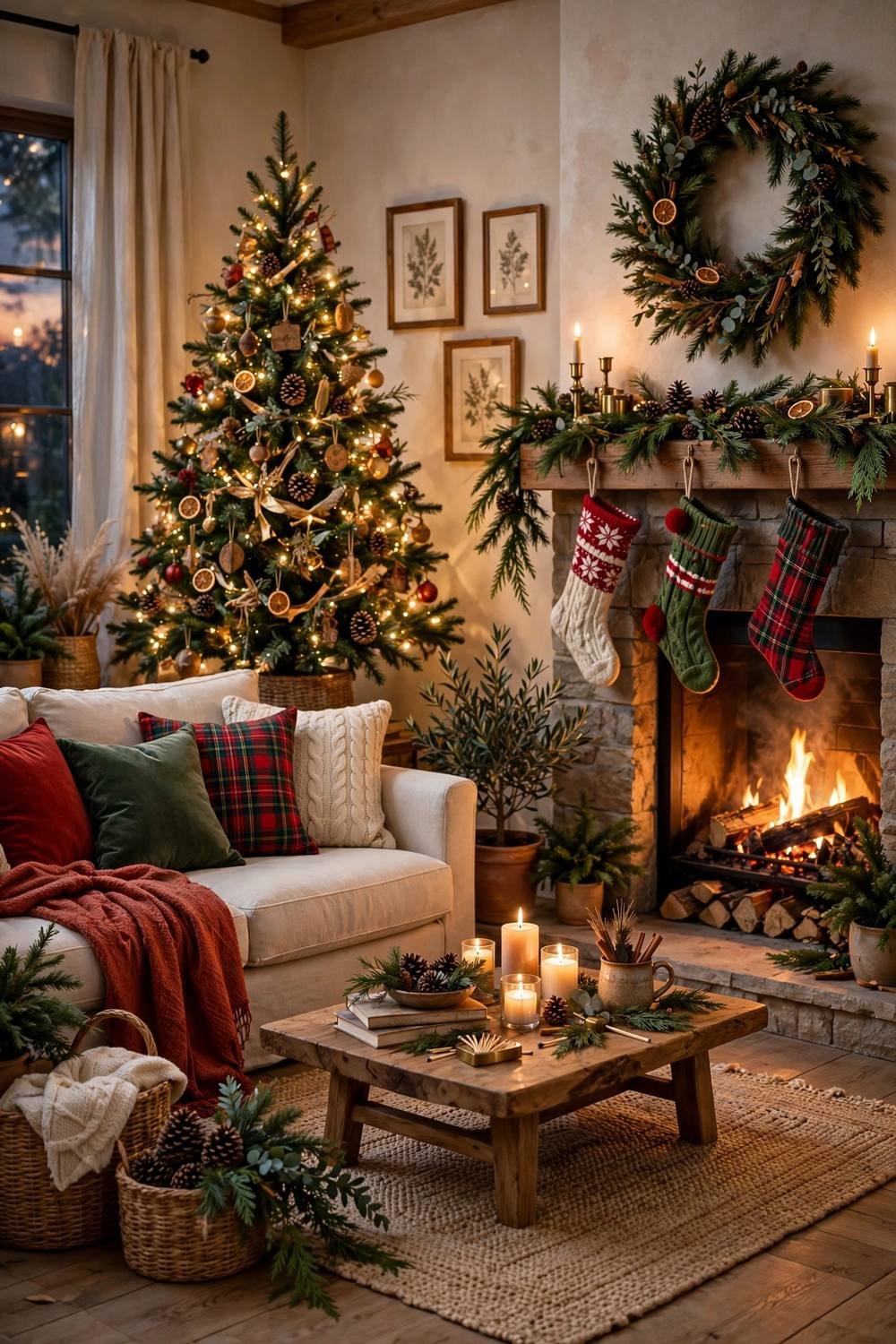 Cozy festive living room with glowing fireplace, garland and Christmas tree