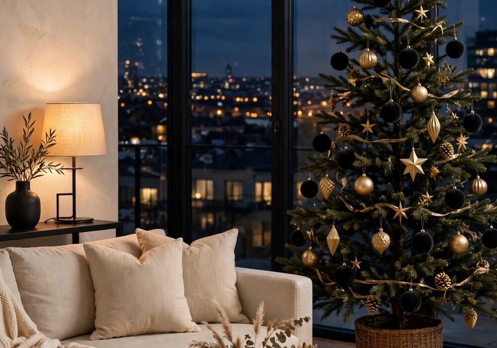 Modern minimalist Christmas tree with matte black and gold ornaments in a neutral cream living room with floor-to-ceiling windows
