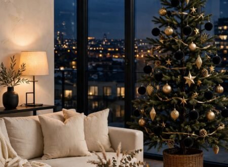Modern minimalist Christmas tree with matte black and gold ornaments in a neutral cream living room with floor-to-ceiling windows