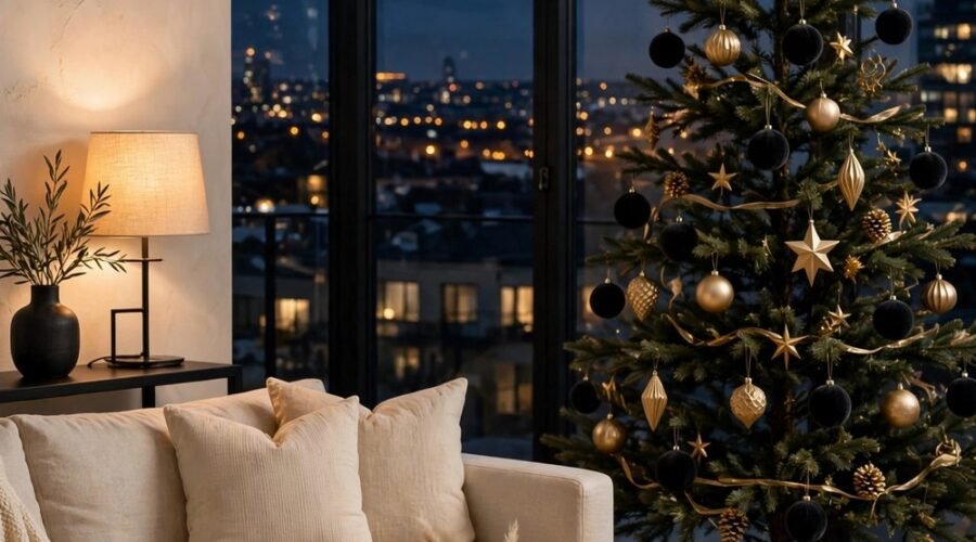 Modern minimalist Christmas tree with matte black and gold ornaments in a neutral cream living room with floor-to-ceiling windows