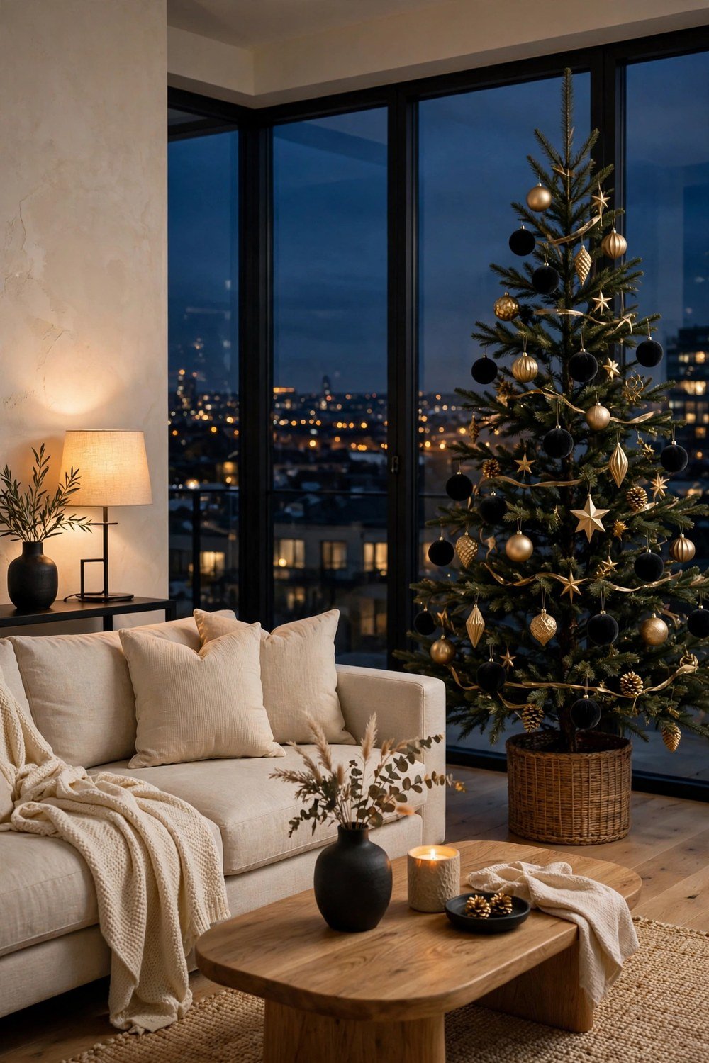 Modern minimalist Christmas tree with matte black and gold ornaments in a neutral cream living room with floor-to-ceiling windows