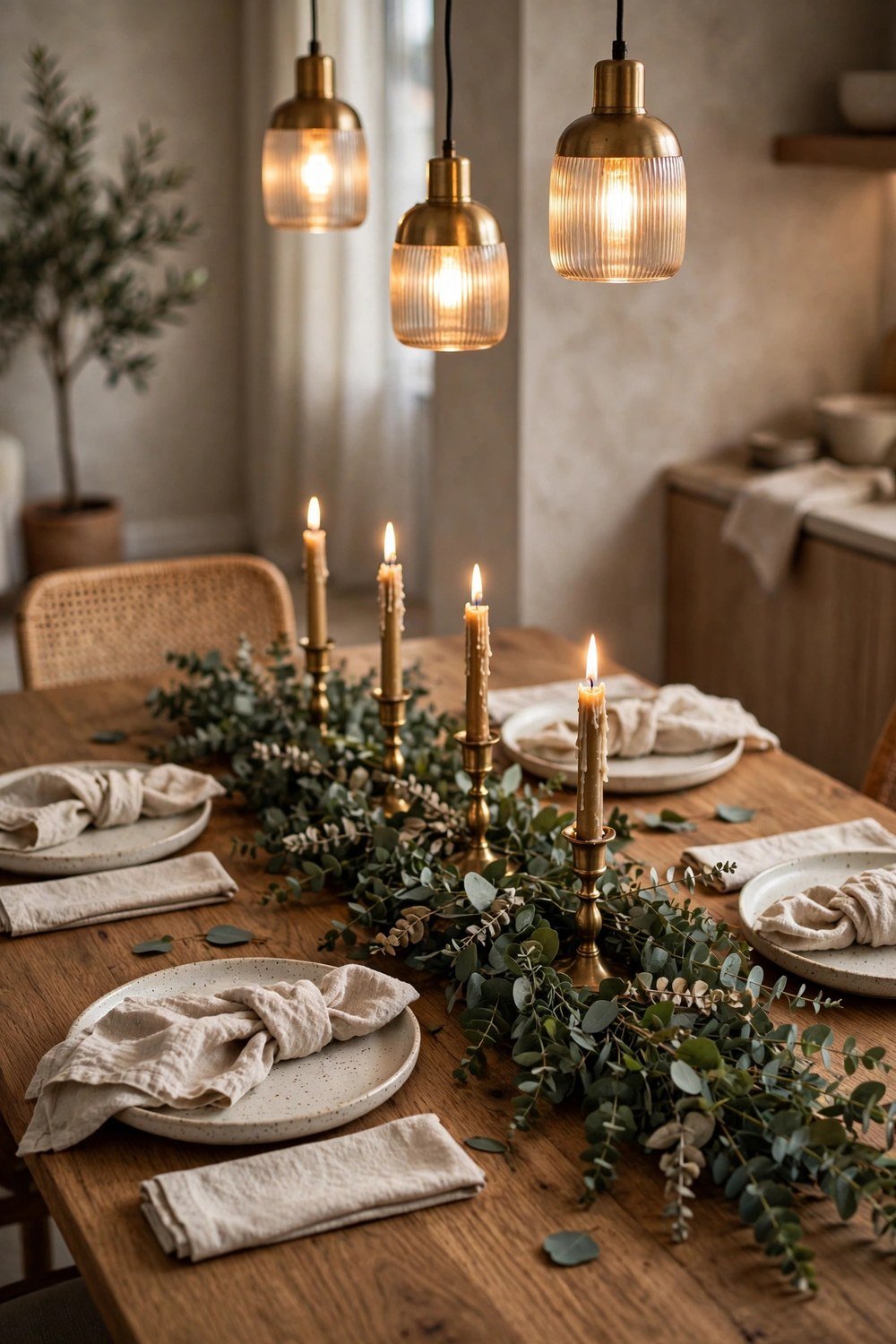 Modern Christmas dining table with eucalyptus garland runner, brass taper candle holders, linen napkins and warm pendant lighting