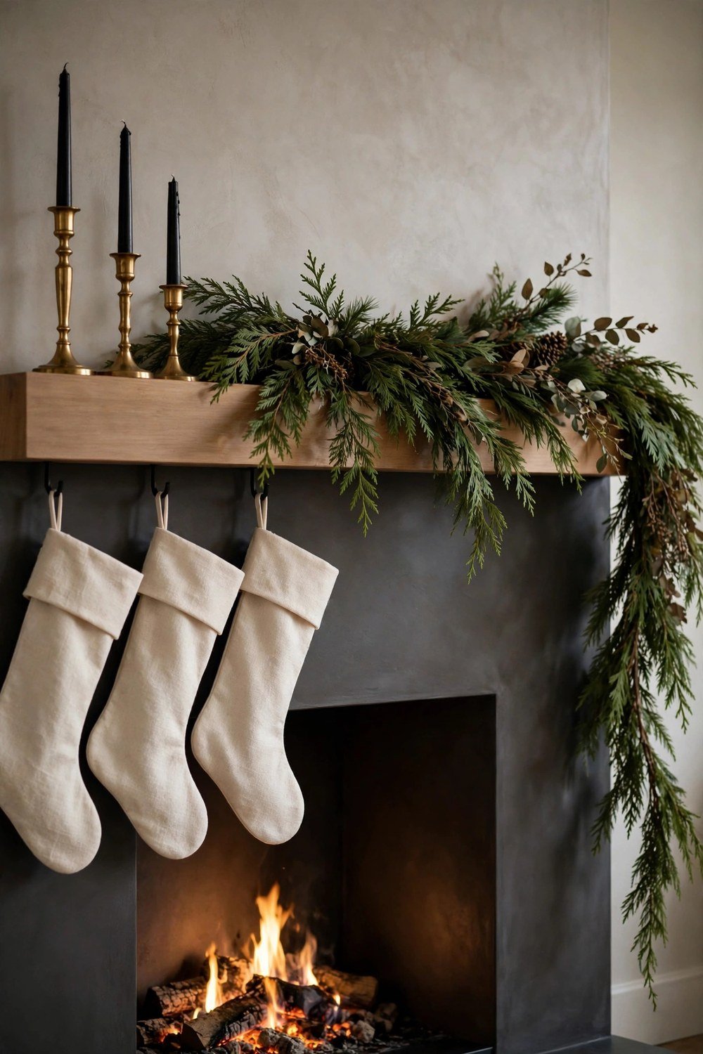 Sleek modern fireplace mantel with asymmetric cedar garland, black taper candles, brass candlesticks and cream linen stockings