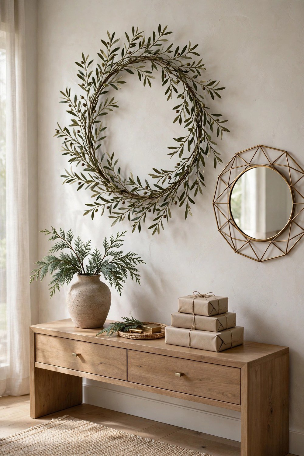 Modern entryway console with oversized minimalist olive-branch wreath, geometric brass mirror, cedar vase and neutral wrapped gifts