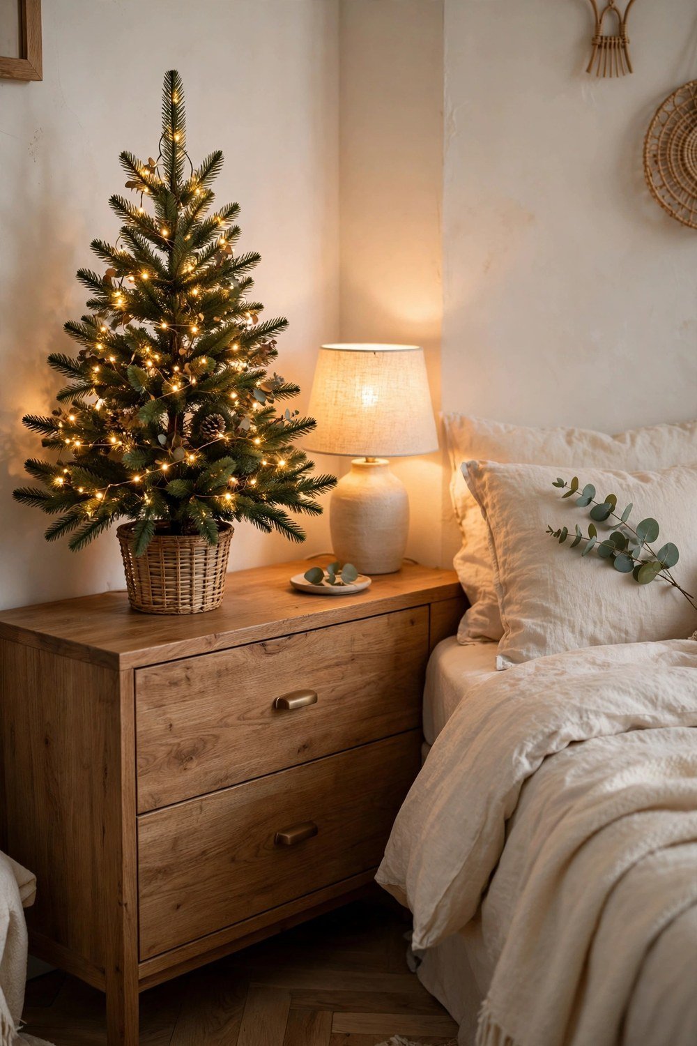 Cozy modern bedroom corner with a small tabletop Christmas tree, warm fairy lights, cream linen bedding and eucalyptus sprig