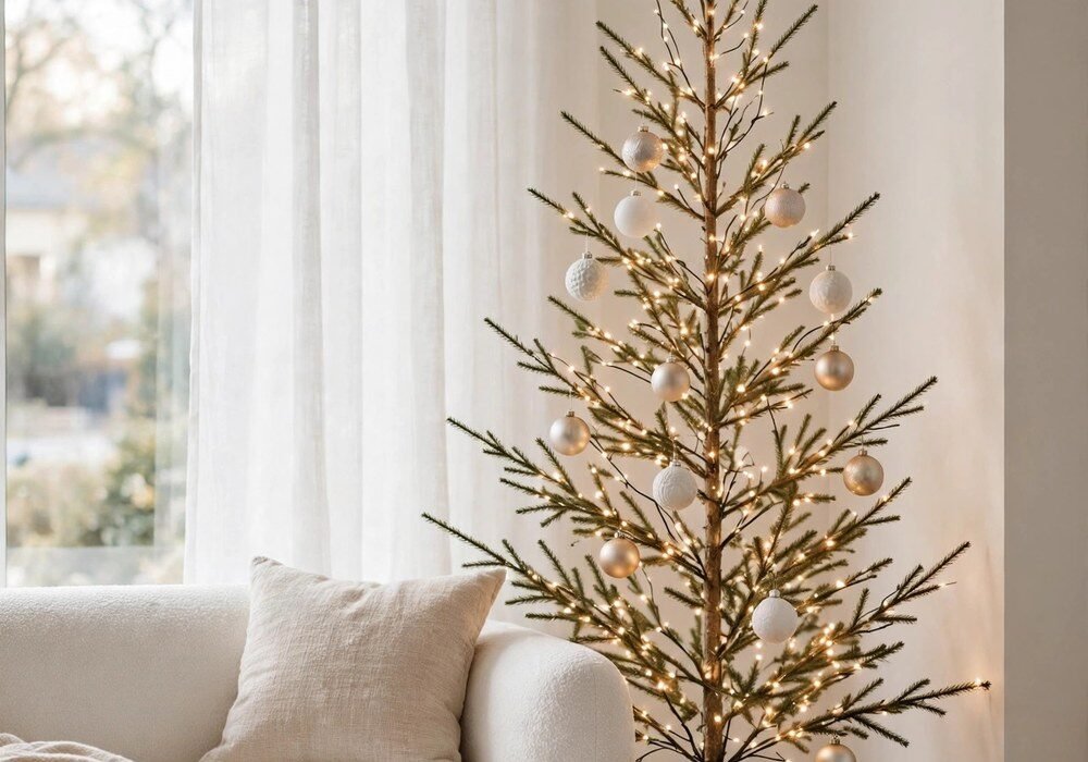 Modern minimalist Christmas tree with warm white lights in a sleek contemporary living room