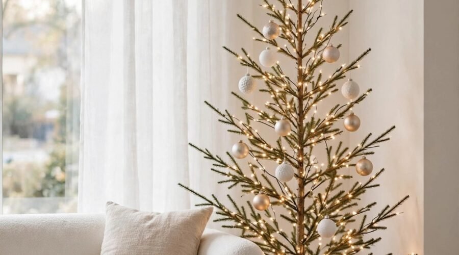 Modern minimalist Christmas tree with warm white lights in a sleek contemporary living room