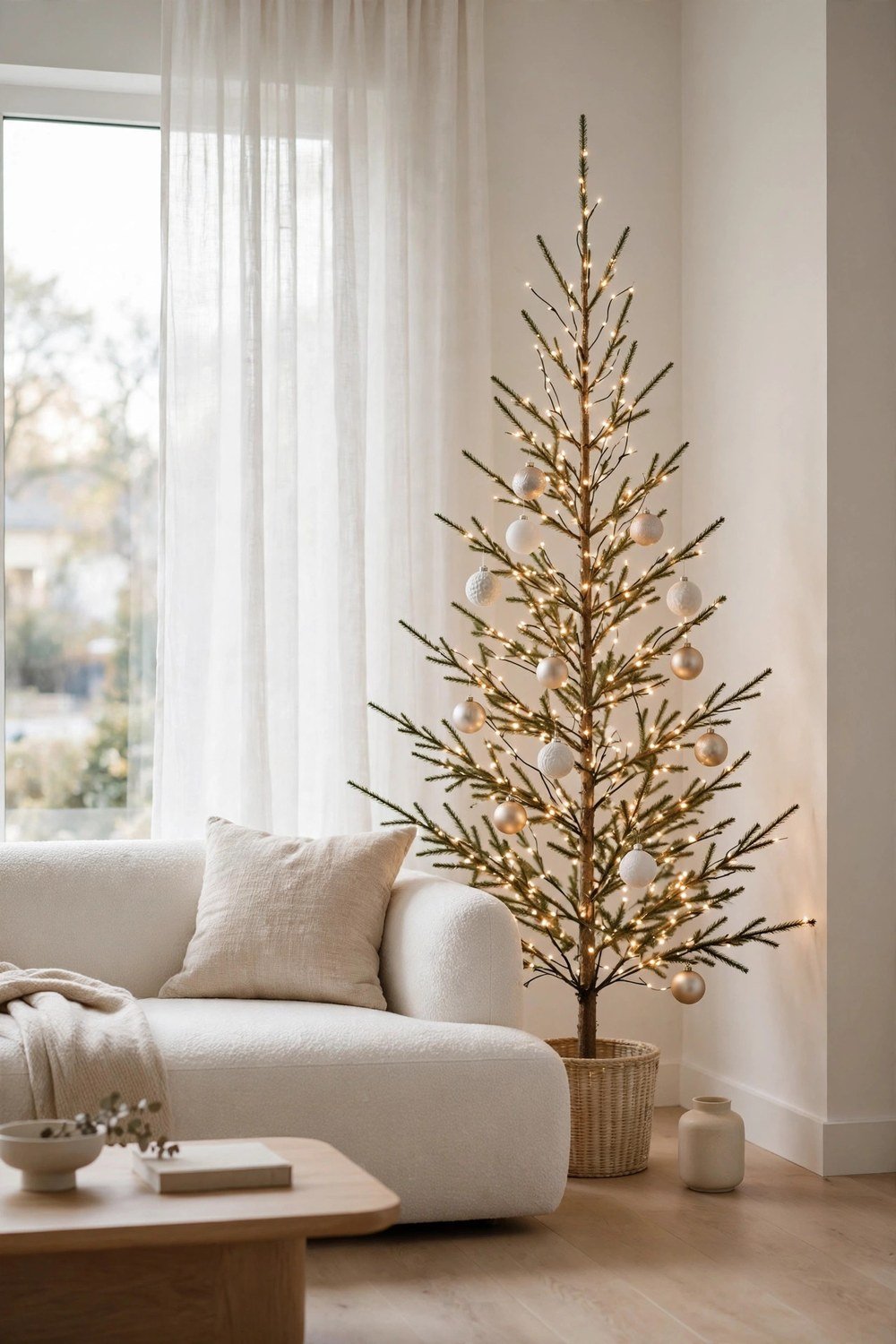 Modern minimalist Christmas tree with warm white lights in a sleek contemporary living room