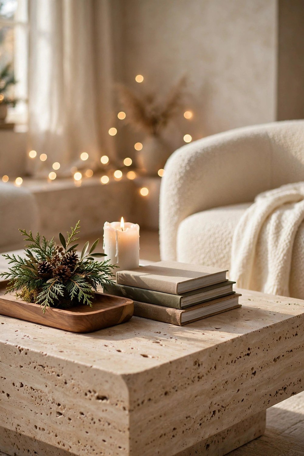 Modern coffee table styled with a Christmas tray vignette, candle and cedar arrangement