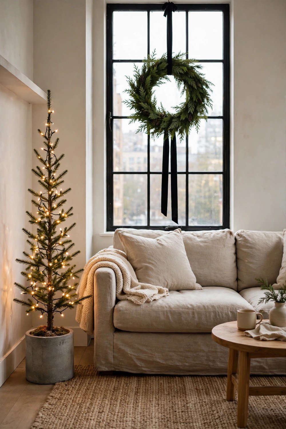 Small modern living room with a slim pencil Christmas tree and neutral holiday decor
