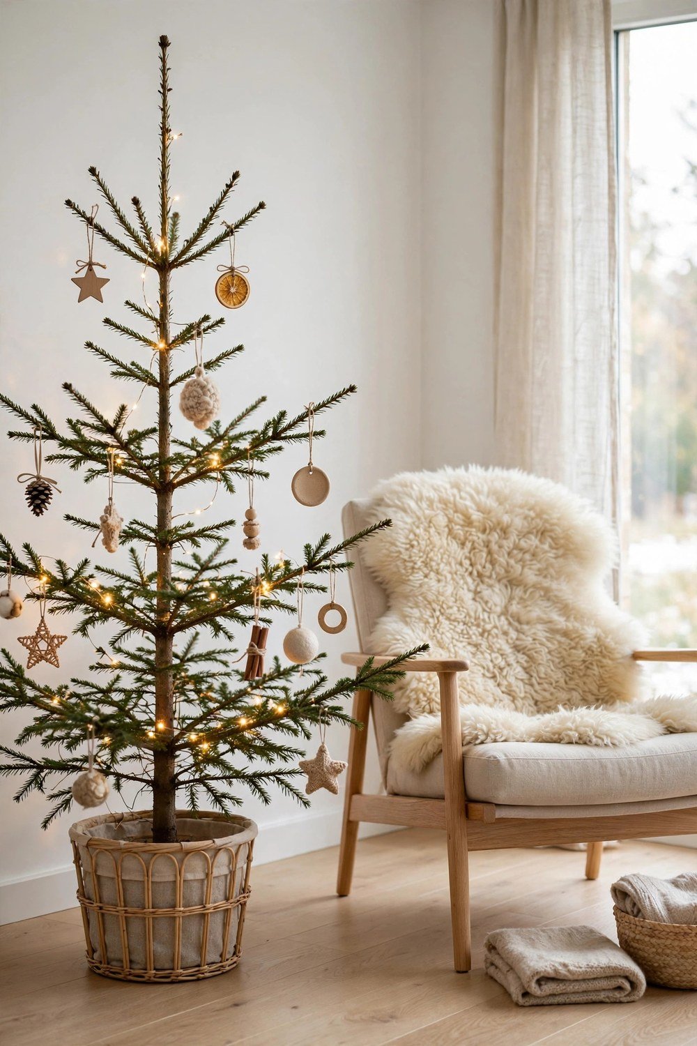 Scandinavian sparse Christmas tree with handmade ornaments in a bright modern living room
