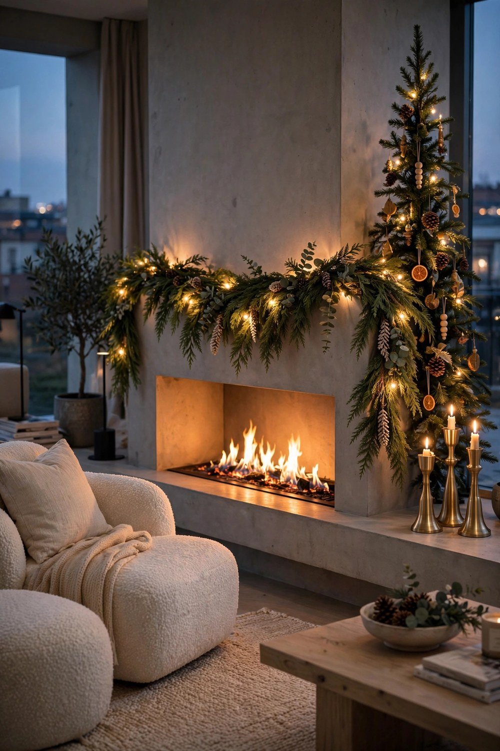 Modern living room at dusk with a glowing fireplace, garland and Christmas tree