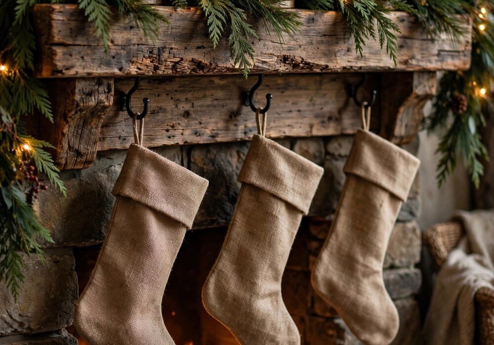 Cozy rustic Christmas living room mantel made of reclaimed wood with lush cedar and pine garland, warm fairy lights, birch-log candle holders and burlap stockings on black iron hooks