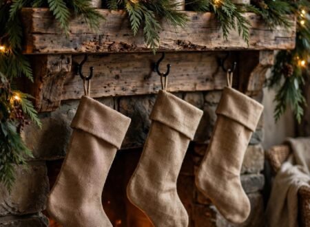Cozy rustic Christmas living room mantel made of reclaimed wood with lush cedar and pine garland, warm fairy lights, birch-log candle holders and burlap stockings on black iron hooks