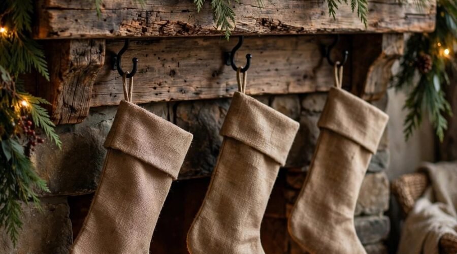 Cozy rustic Christmas living room mantel made of reclaimed wood with lush cedar and pine garland, warm fairy lights, birch-log candle holders and burlap stockings on black iron hooks