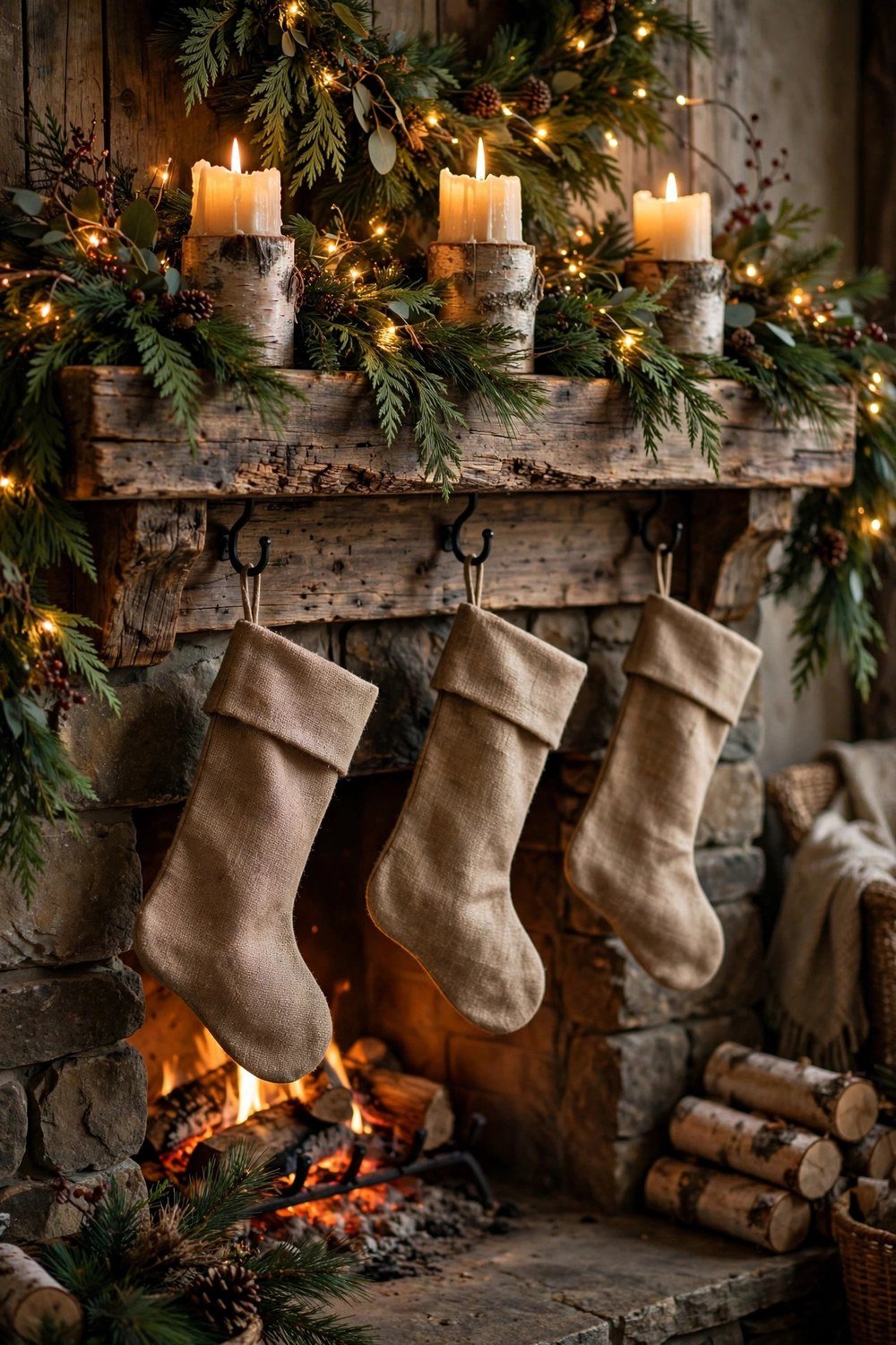 Cozy rustic Christmas living room mantel made of reclaimed wood with lush cedar and pine garland, warm fairy lights, birch-log candle holders and burlap stockings on black iron hooks
