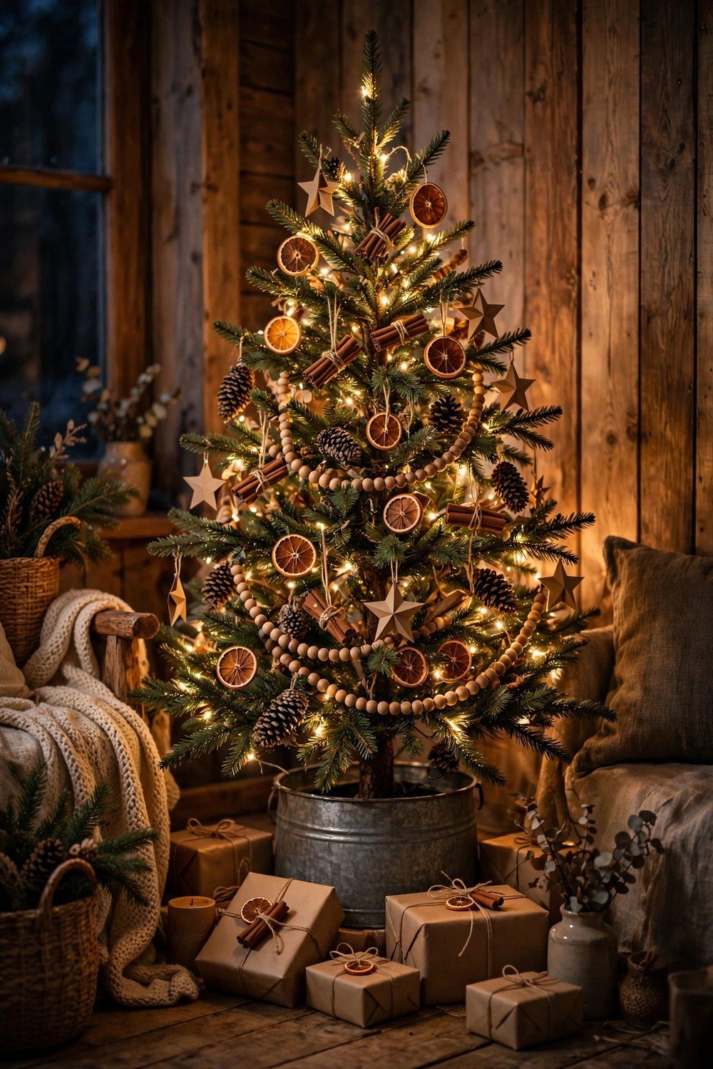 Rustic Christmas tree with natural ornaments — dried orange slices, cinnamon bundles, pinecones, wooden bead garland, kraft paper stars, warm fairy lights and a galvanized metal tree collar