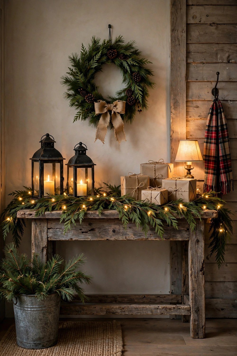 Rustic Christmas entryway console table of weathered wood with a cedar garland runner, black metal lanterns, kraft-wrapped gifts and a pine wreath with burlap bow