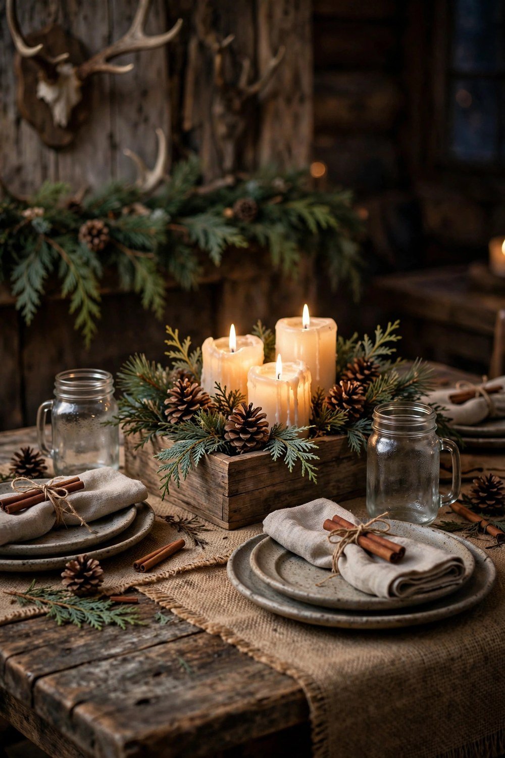 Rustic Christmas dining table in warm candlelight with burlap runner, wooden box centerpiece of pinecones and candles, stoneware plates and linen napkins tied with twine