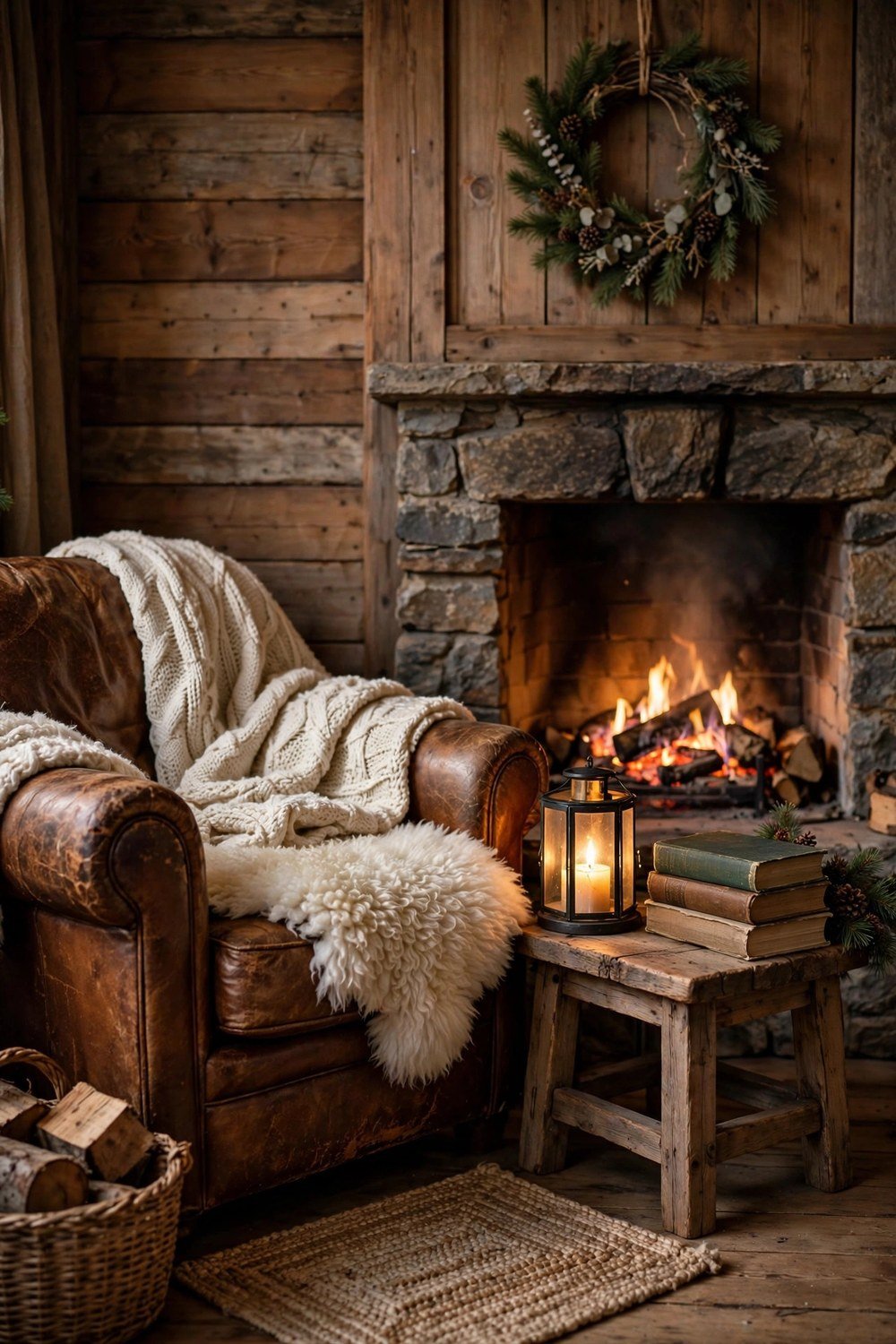 Cozy rustic Christmas fireside reading nook with a leather armchair, chunky knit throw, glowing candle lantern and a gentle fire in a stone fireplace