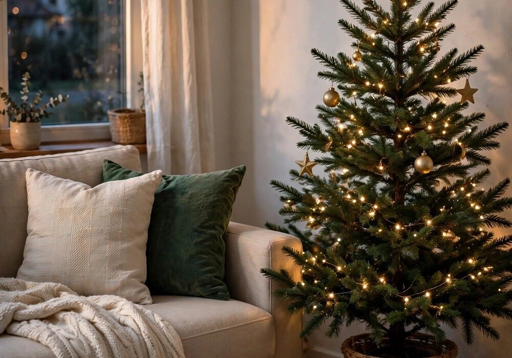 Simply decorated Christmas living room corner at dusk with a small green tree with warm white fairy lights and a few gold ornaments, cream and deep-green throw pillows on a beige sofa, kraft-wrapped gifts with twine, cream knit throw on the sofa arm