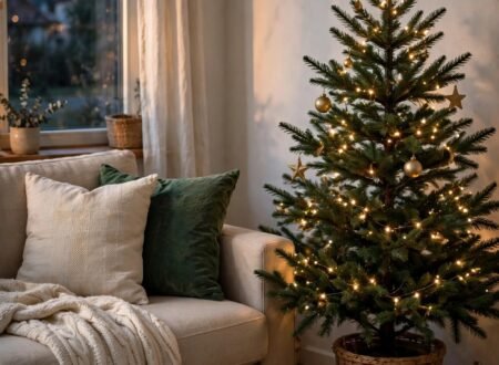 Simply decorated Christmas living room corner at dusk with a small green tree with warm white fairy lights and a few gold ornaments, cream and deep-green throw pillows on a beige sofa, kraft-wrapped gifts with twine, cream knit throw on the sofa arm