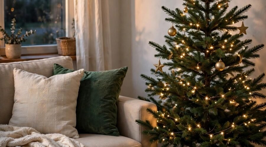 Simply decorated Christmas living room corner at dusk with a small green tree with warm white fairy lights and a few gold ornaments, cream and deep-green throw pillows on a beige sofa, kraft-wrapped gifts with twine, cream knit throw on the sofa arm