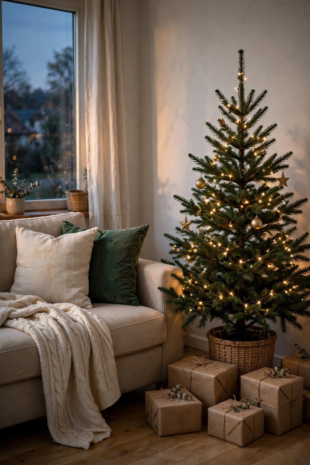 Simply decorated Christmas living room corner at dusk with a small green tree with warm white fairy lights and a few gold ornaments, cream and deep-green throw pillows on a beige sofa, kraft-wrapped gifts with twine, cream knit throw on the sofa arm