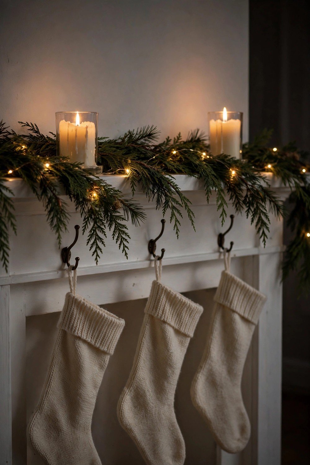 Minimalist Christmas mantel at night with a single cedar garland along a white mantel, warm fairy lights, two ivory pillar candles glowing in glass holders and three plain knit stockings on dark bronze hooks