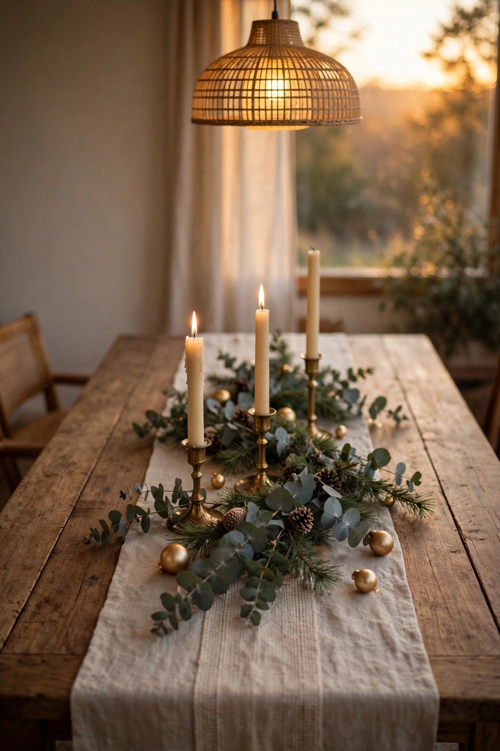 Simple Christmas dining table at golden hour with a natural linen runner, low arrangement of eucalyptus and pine sprigs, three brass taper candle holders with cream candles and gold ornaments scattered sparingly