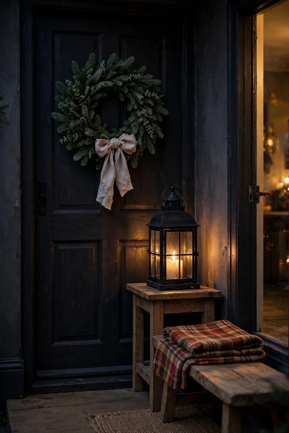 Simple Christmas entryway at dusk with a fresh evergreen wreath with a natural linen bow on a dark front door, a large black metal lantern with a glowing candle beside a wooden console and a folded plaid throw on a bench