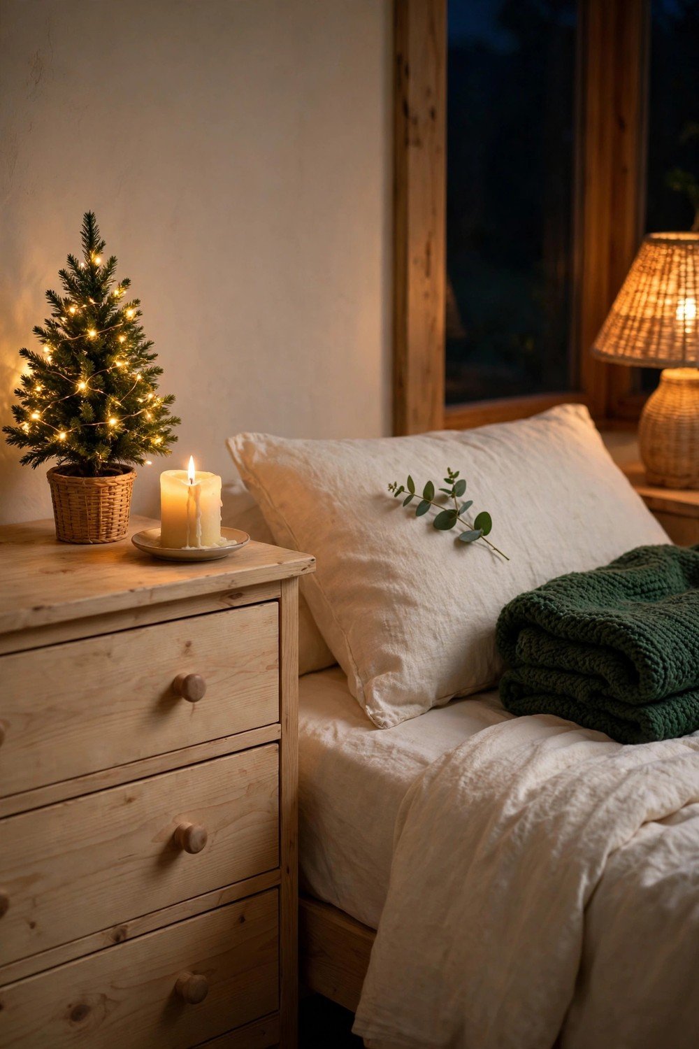 Cozy bedroom corner at night with a tiny tabletop Christmas tree with warm fairy lights on a light wooden dresser, cream linen bedding with a folded deep-green throw, a small eucalyptus sprig on a pillow and one glowing pillar candle