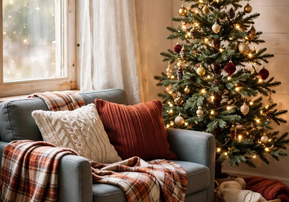 Small Christmas living room with a slim tree, garlands and cozy throw pillows