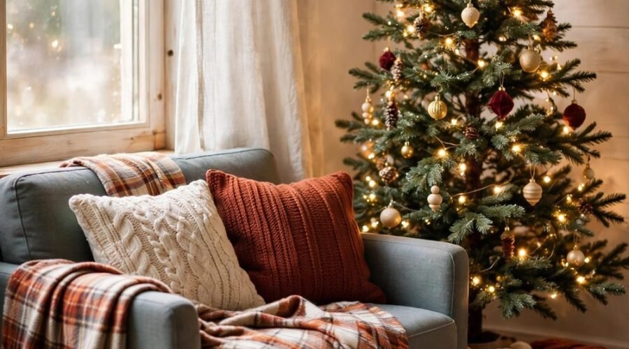 Small Christmas living room with a slim tree, garlands and cozy throw pillows