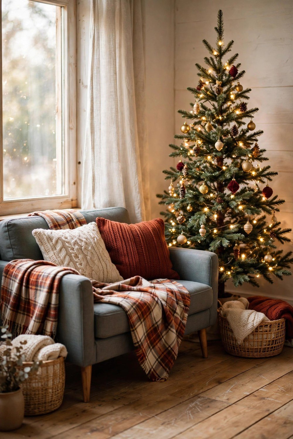 Small Christmas living room with a slim tree, garlands and cozy throw pillows