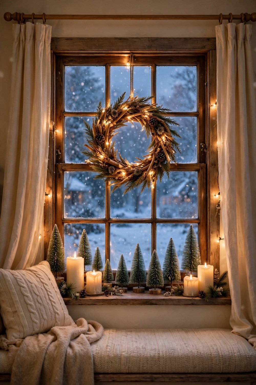 Christmas mantel garland with candles and stockings in a small living room